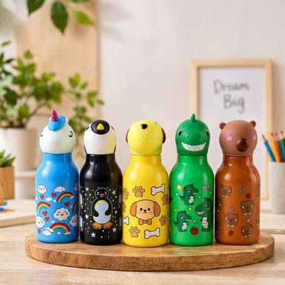 Kids Animal Water Bottle with 3D Character Cap and Printed Design (1 Pc, Mix Design)