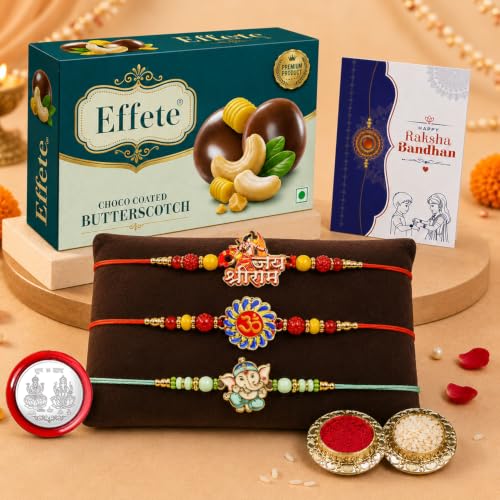 Jai Shree Ram Rakhi Combo - Raksha Bandhan Gift with Choco Butterscotch 32gm, Pack of 7