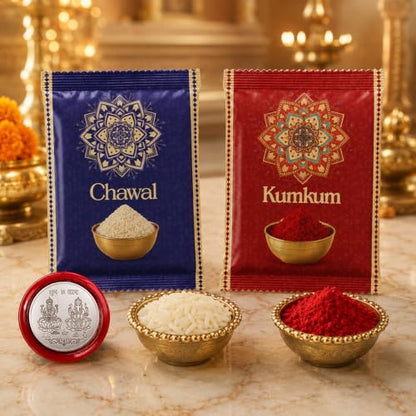 Silver colour pooja thali with roli chawal and coin for Raksha Bandhan rituals.