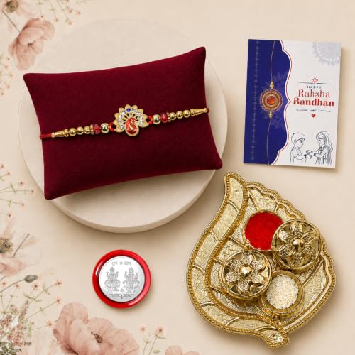 Peacock Rakhi Combo - Raksha Bandhan Gift with Leaf Design Pooja Thali, Pack of 5