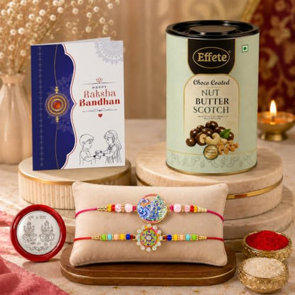 Peacock, Spiral Rakhi Combo - Raksha Bandhan Gift with Choco Butterscotch 96gm, Pack of 6