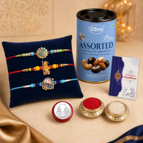 Ganesha, Peacock Rakhi Combo - Raksha Bandhan Gift with Assorted Choco 96gm, Pack of 7