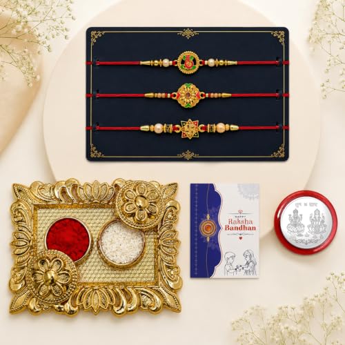 Rakhi for Brother with Rectangular Pooja Thali - Raksha Bandhan Gift, Pack of 7