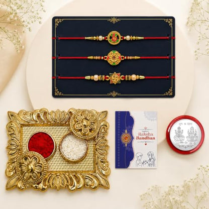 Rakhi for Brother with Rectangular Pooja Thali - Raksha Bandhan Gift, Pack of 7