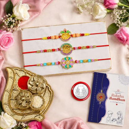 Rakhi for Brother with Leaf Pooja Thali - Raksha Bandhan Gift Set, Pack of 7