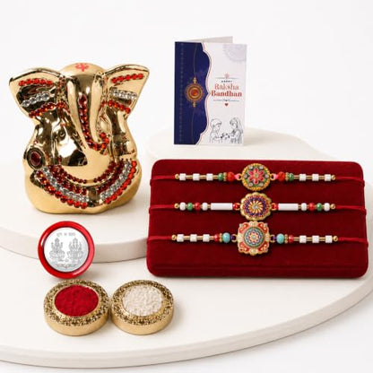 Multicolor Rakhi for Brother with Ganesh Idol - Rakshabandhan Gift Set, Pack of 7
