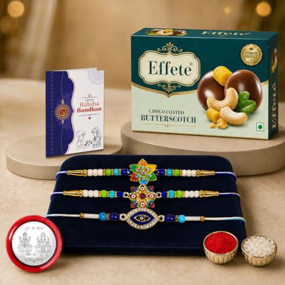 Flower, Evil Eye Rakhi Combo - Raksha Bandhan Gift with Choco Butterscotch 32gm, Pack of 7