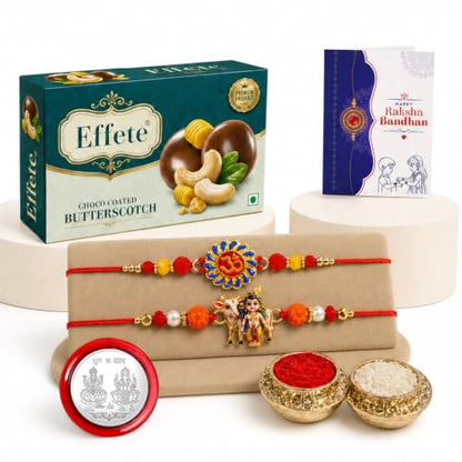 Om, Krishna Cow Rakhi Combo - Raksha Bandhan Gift with Choco Butterscotch 32gm, Pack of 6