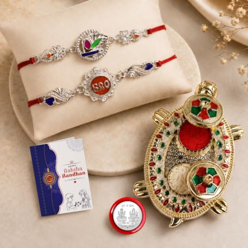 Floral, Bro Rakhi Combo - Raksha Bandhan Gift with Turtle shape Pooja Thali, Pack of 6