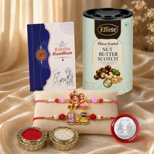 Krishna Radha Rakhi Combo - Raksha Bandhan Gift with Choco Butterscotch 96gm, Pack of 6