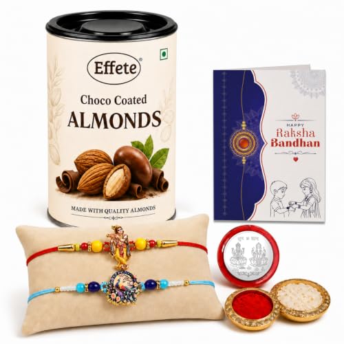 Krishna, Peacock Rakhi Combo - Raksha Bandhan Gift with Choco Almonds 96gm, Pack of 6