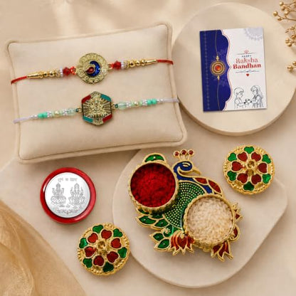 Peacock Rakhi Combo - Raksha Bandhan Gift with Peacock Shape Pooja Thali, Pack of 6