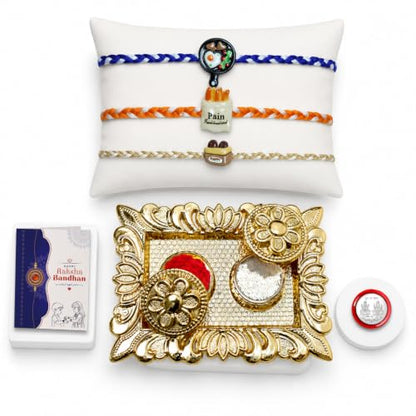 Food Rakhi Combo - Raksha Bandhan Gift with Rectangular Pooja Thali, Pack of 7 for Bhaiya