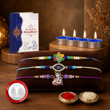 Flower, Evil Eye Rakhi Combo - Raksha Bandhan Gift with Tealight Candles 4pcs, Pack of 7