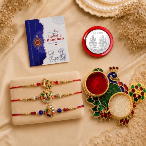 Multicolor Rakhi for Brother with Pooja Thali - Rakshabandhan Gift Set, Pack of 7