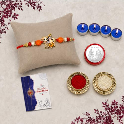 Krishna Cow Rakhi Combo - Raksha Bandhan Gift with Tealight Candles 4pcs, Pack of 5