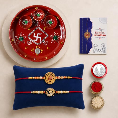 OM Rakhi for Brother with Pooja Thali - Raksha Bandhan Gift Set, Pack of 6