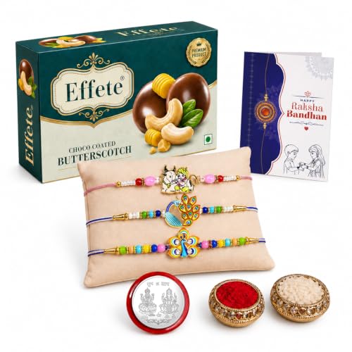 Krishna, Peacock Rakhi Combo - Raksha Bandhan Gift with Choco Butterscotch 32gm, Pack of 7