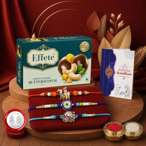 Krishna Cow Rakhi Combo - Raksha Bandhan Gift with Choco Butterscotch 32gm, Pack of 7