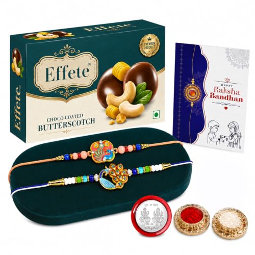 Peacock Rakhi Combo - Raksha Bandhan Gift with Choco Butterscotch 32gm, Pack of 6