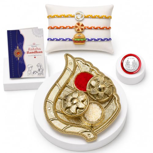 Rouund, Food Rakhi Combo - Raksha Bandhan Gift with Leaf Design Pooja Thali, Pack of 7