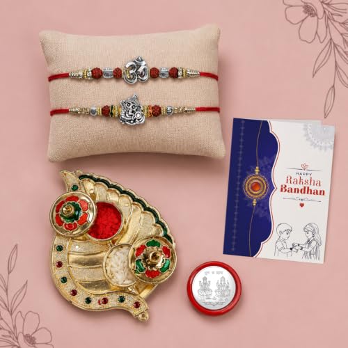 Om, Lord Ganesha Rakhi Combo - Raksha Bandhan Gift with Leaf Shape Pooja Thali, Pack of 6