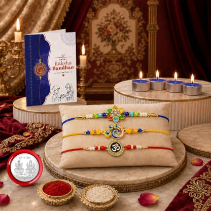 Flower, Bird, Om Rakhi Combo - Raksha Bandhan Gift with Tealight Candles 4pcs, Pack of 7