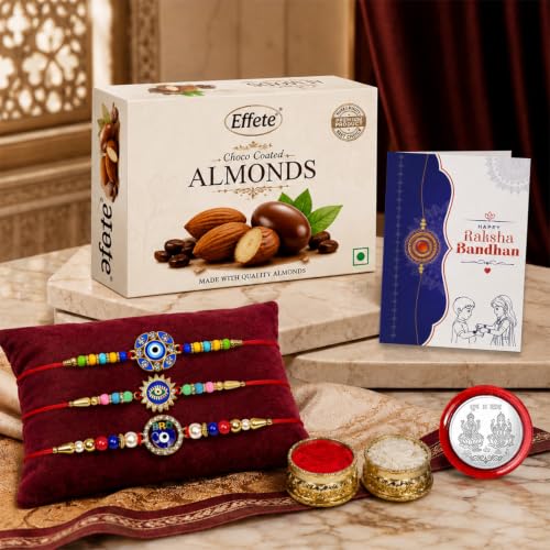Evil Eye Rakhi Combo - Raksha Bandhan Gift with Choco Almonds 32gm, Pack of 7 | Rakhi Gift