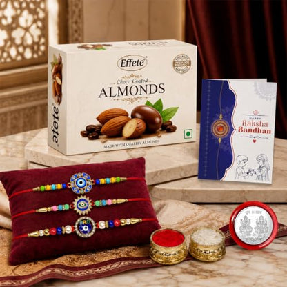 Evil Eye Rakhi Combo - Raksha Bandhan Gift with Choco Almonds 32gm, Pack of 7 | Rakhi Gift
