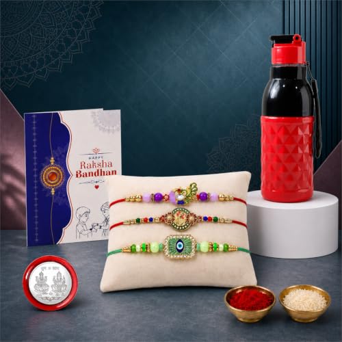 Floral, Evil Eye Rakhi Combo - Raksha Bandhan Gift with Sports Bottle 400ml, Pack of 7