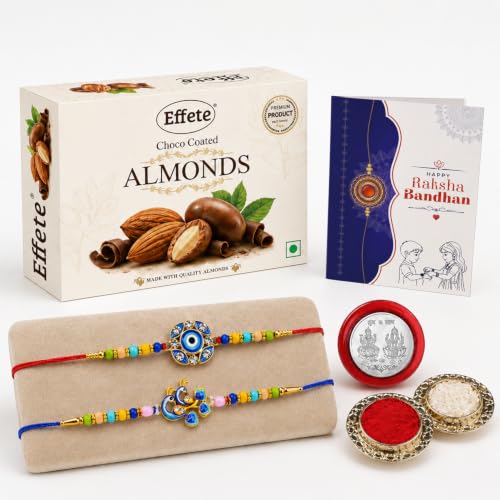 Evil Eye, Peacock Rakhi Combo - Raksha Bandhan Gift with Choco Almonds 32gm, Pack of 6