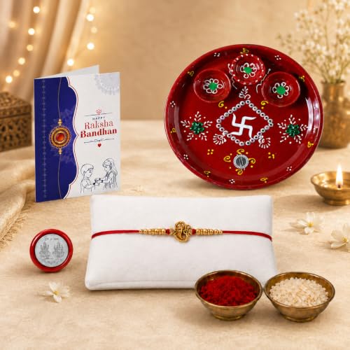 OM Ganesha Rakhi Combo - Raksha Bandhan Gift with Decorated Pooja Thali, Pack of 5