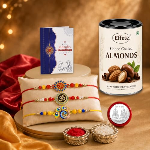 Om, Bird, Om Rakhi Combo - Raksha Bandhan Gift with Choco Almonds 96gm, Pack of 7