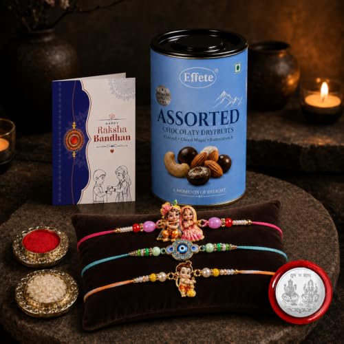 Krishna Radha Rakhi Combo - Raksha Bandhan Gift with Assorted Choco 96gm, Pack of 7