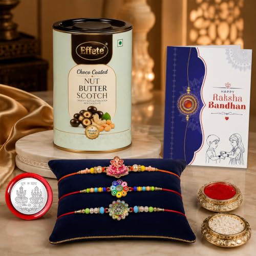 Ganesha, Flower Rakhi Combo - Raksha Bandhan Gift with Choco Butterscotch 96gm, Pack of 7