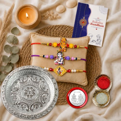 Rakhi for Brother with Silver Pooja Thali - Raksha Bandhan Gift Set, Pack of 7