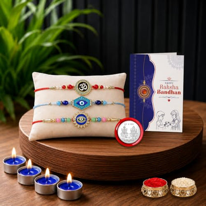 Evil Eye, Om Rakhi Combo - Raksha Bandhan Gift with Tealight Candles 4pcs, Pack of 7
