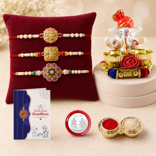 Rakhi for Brother with Ganesha Pooja Thali - Raksha Bandhan Gift Set, Pack of 7