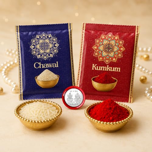 Leaf design pooja thali with roli chawal and silver coin for Rakhi ceremony.