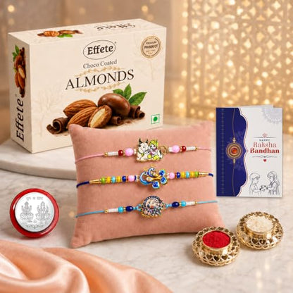 Krishna, Peacock Rakhi Combo - Raksha Bandhan Gift with Choco Almonds 32gm, Pack of 7