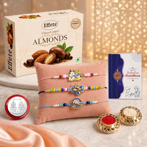 Krishna, Peacock Rakhi Combo - Raksha Bandhan Gift with Choco Almonds 32gm, Pack of 7