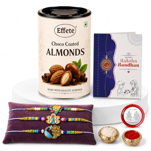 Flower, Peacock Rakhi Combo - Raksha Bandhan Gift with Choco Almonds 96gm, Pack of 7