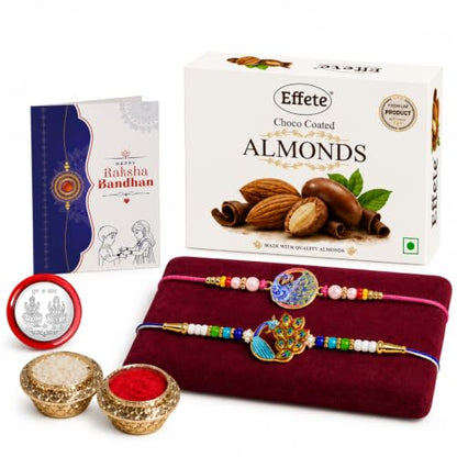 Peacock Rakhi Combo - Raksha Bandhan Gift with Choco Almonds 32gm, Pack of 6 | Rakhi Gift