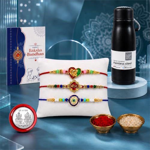 Veera, Evil Eye, Ganesha Rakhi Combo - Raksha Bandhan Gift with Vacuum Water Bottle 550ml