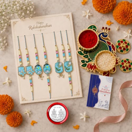 Multicolor Rakhi for Brother with Pooja Thali - Raksha Bandhan Gift, Pack of 7