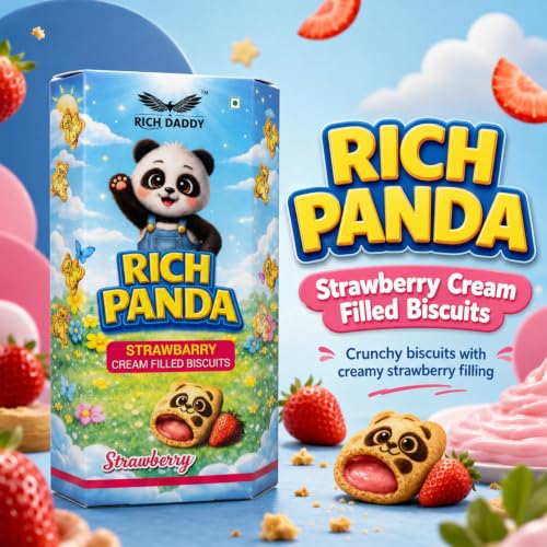 A blue and pink background showcases a Rich Panda biscuit box and a loose biscuit, surrounded by strawberries and cream.