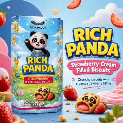 A blue and pink background showcases a Rich Panda biscuit box and a loose biscuit, surrounded by strawberries and cream.