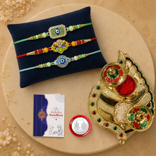 Evil Eye Rakhi for Brother with Pooja Thali - Raksha Bandhan Gift Set, Pack of 7
