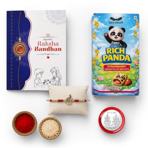 Peacock Rakhi Combo - Raksha Bandhan Gift with Strawberry Biscuit 60gm, Pack of 5