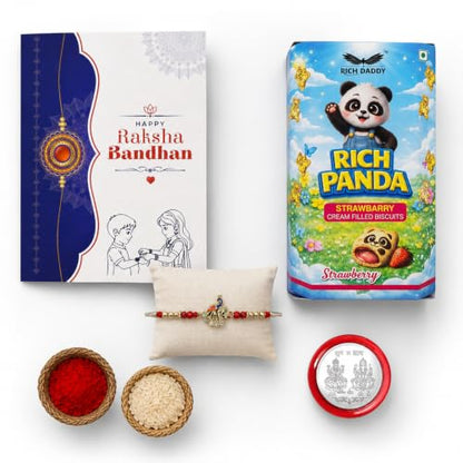 Peacock Rakhi Combo - Raksha Bandhan Gift with Strawberry Biscuit 60gm, Pack of 5